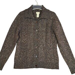 LL Bean Womens Cable Knit Cardigan Sweater Fisherman Wool Blend Brown Marled L
